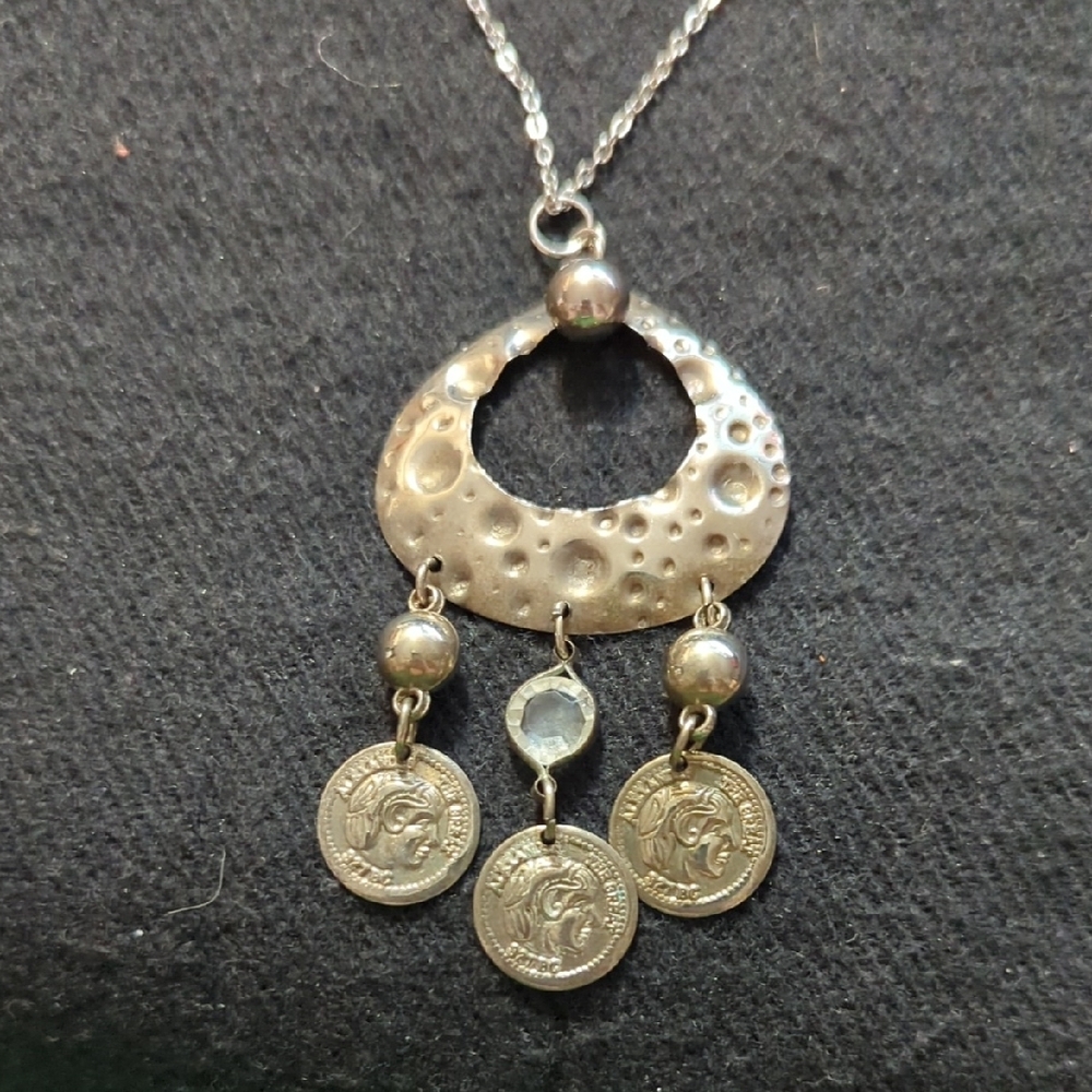 Vintage Silver Tone Teardrop Faux Coin Dangle Pendant Statement Necklace